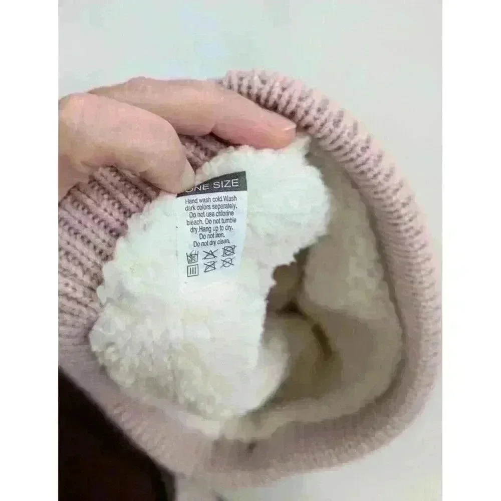 Apana Pink Knit Fleece Faux Fur Lined Chunky Beanie Winter Hat